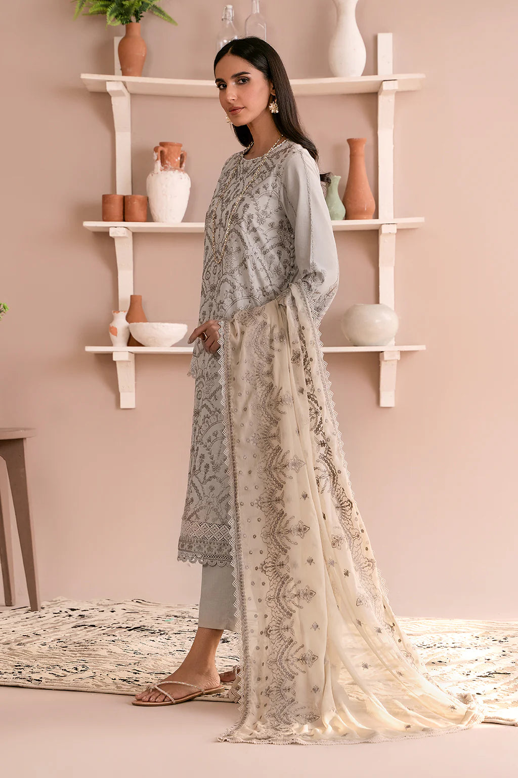 Zarif Unstitched 3 Piece Embroidered Lawn Suit ZEA-05 HAZE - Eid Collection D & M COLLECTION AND NIZAMI JEWELRY