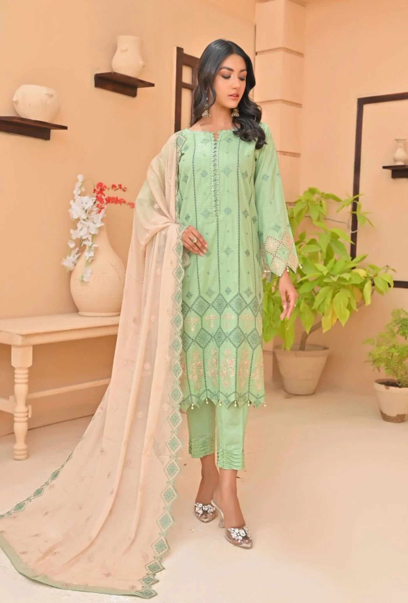 Coral by Safal Stitched 3 Piece Embroidered Chickankari Cambric Suit - 01 - Gulshan - Summer Eid Collection