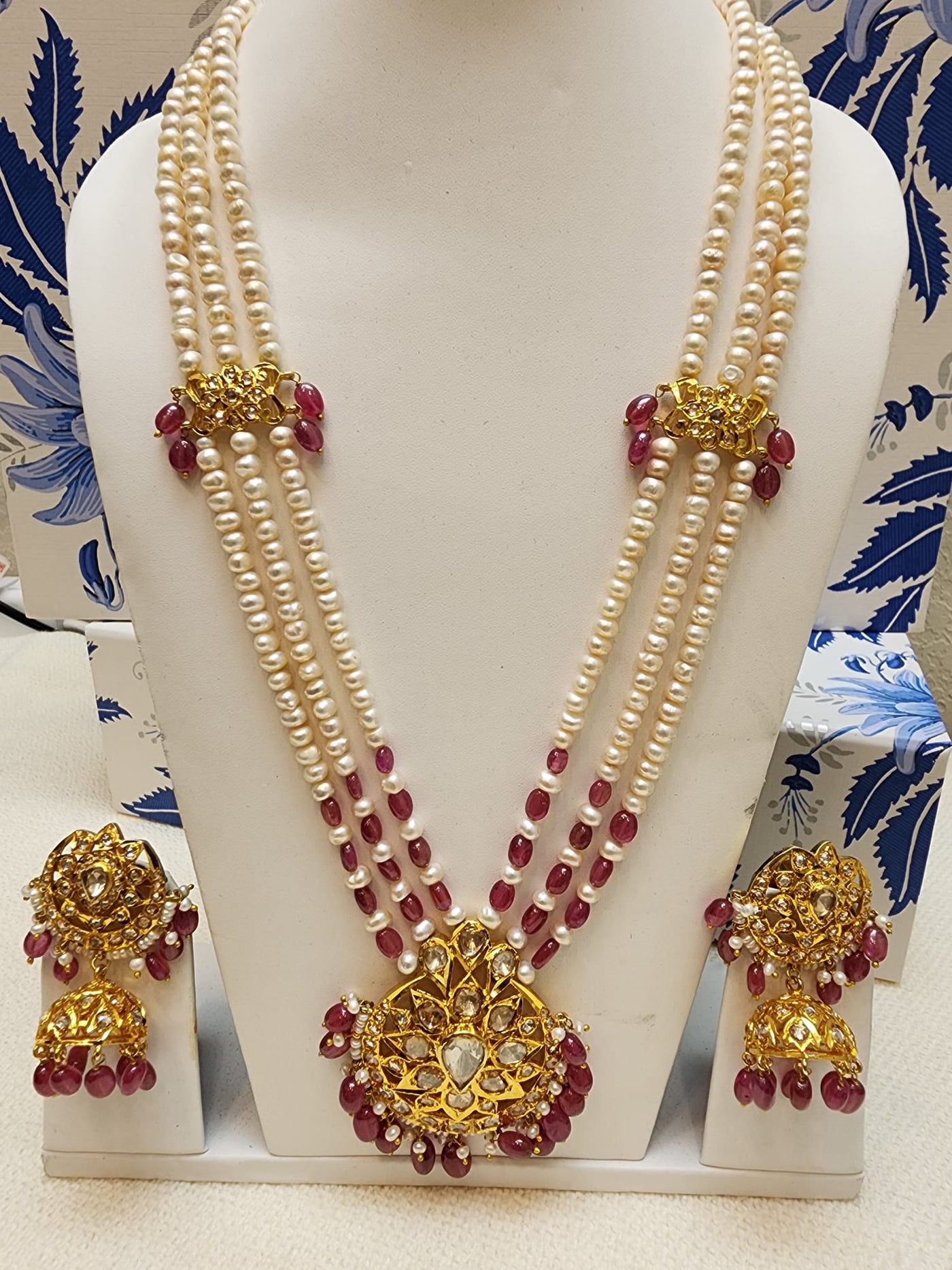 Made on 6 carat Gold - Real Pearls, Real Ruby & Moissanite Stone S-77