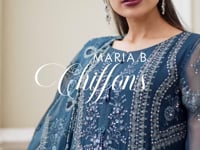 Maria B Unstitched 4 Piece Embroidered Chiffon Suit SCMB23 D2 Teal Blue - Luxury Collection