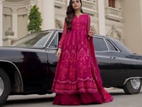 Maria B Unstitched 4 Piece Embroidered Chiffon Suit SCMB23 D7 Magenta Pink - Luxury Collection