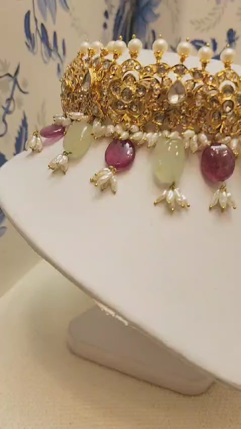 Made on 6 Carat Gold - Real Russian Emerald, Real Ruby, Real Pearls, and Moissanite Stone S-84