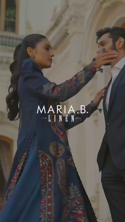 Maria B Unstitched 3 Piece Embroidered Linen Suit MB23LN D9-Navy Blue - Luxury Winter Collection