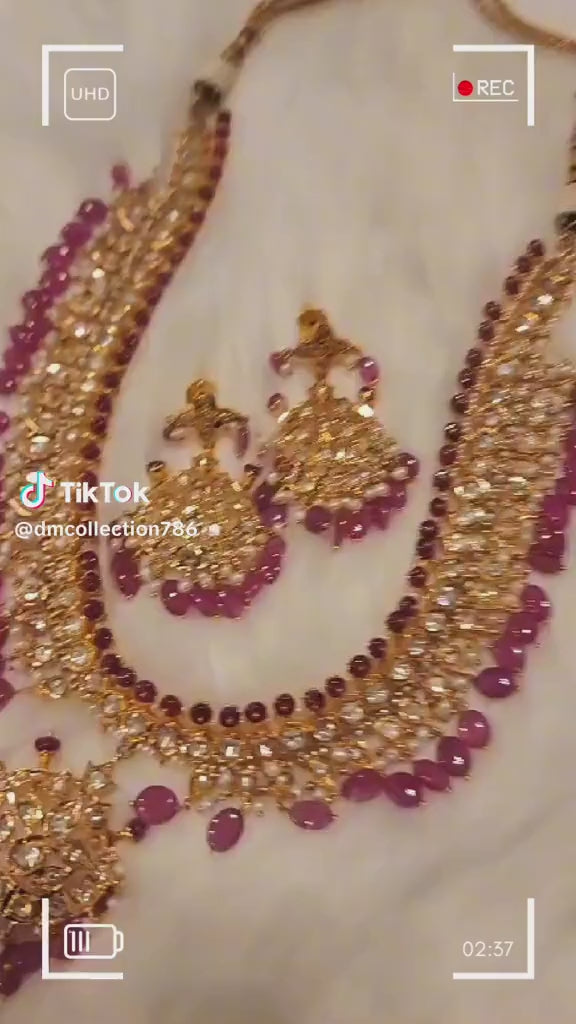 Made on 6 Carat Gold Necklace, Real Ruby and Mozinite Stones or Uncut Polki with Real Pearls S-40