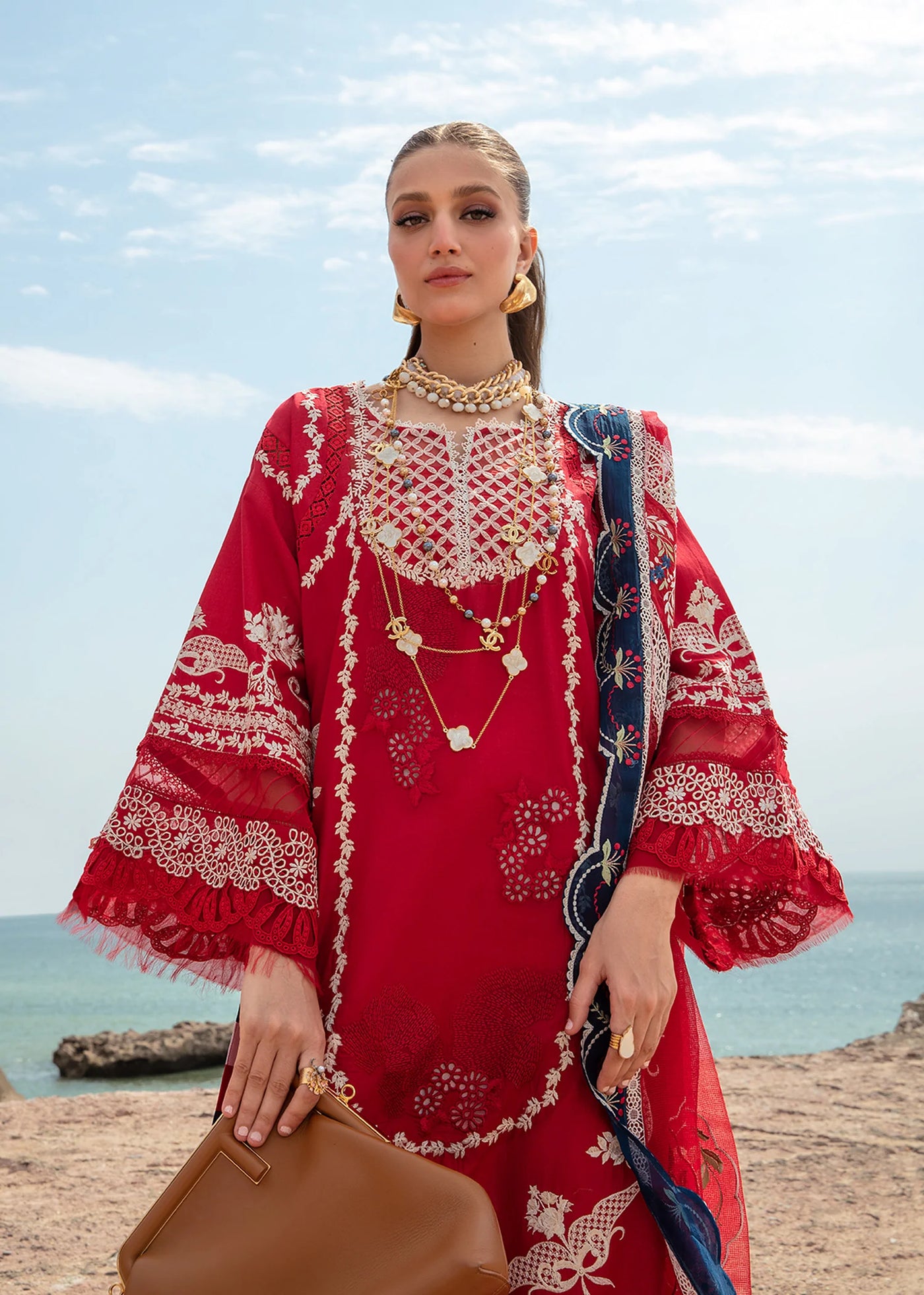 Saira Shakira Stitched 3 Piece Embroidered Lawn Suit SSR24C Stars of Fire-Flame red - Summer Collection