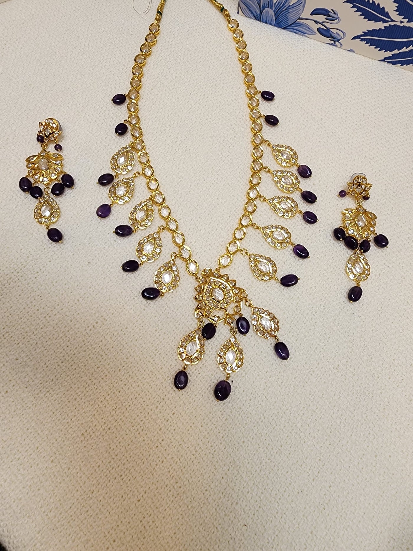 Semi Real Necklace - Semi Precious Amethyst and Polki Stones S-91